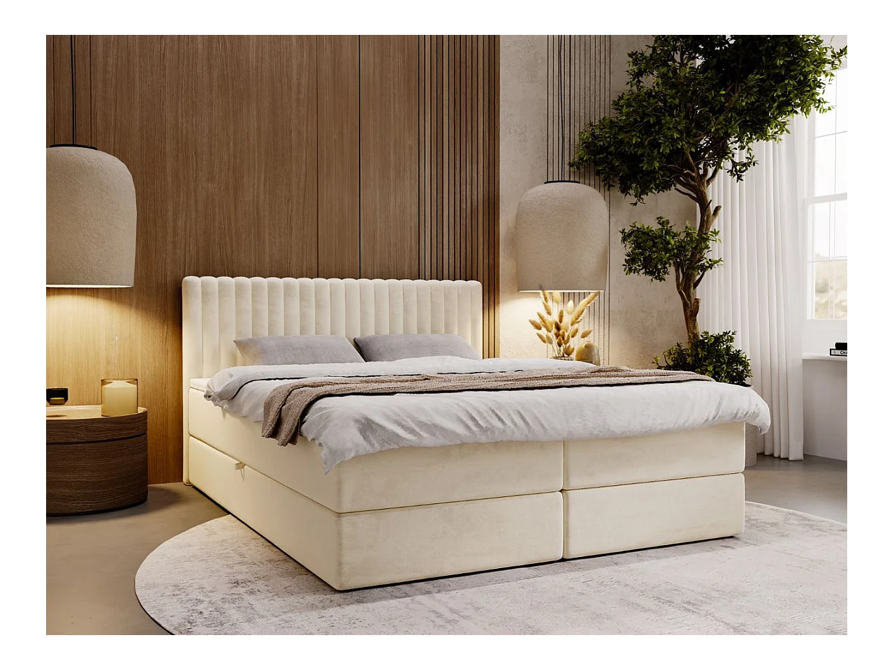 Lit continental Marbella avec rangement - 180 x 200 - double - velours - crème