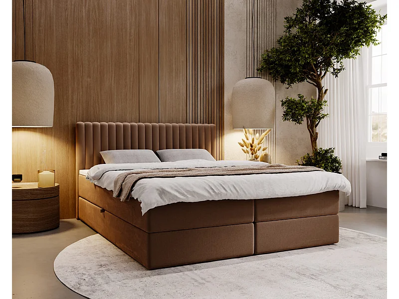Lit continental Marbella avec rangement - 160 x 200 - double - velours - marron