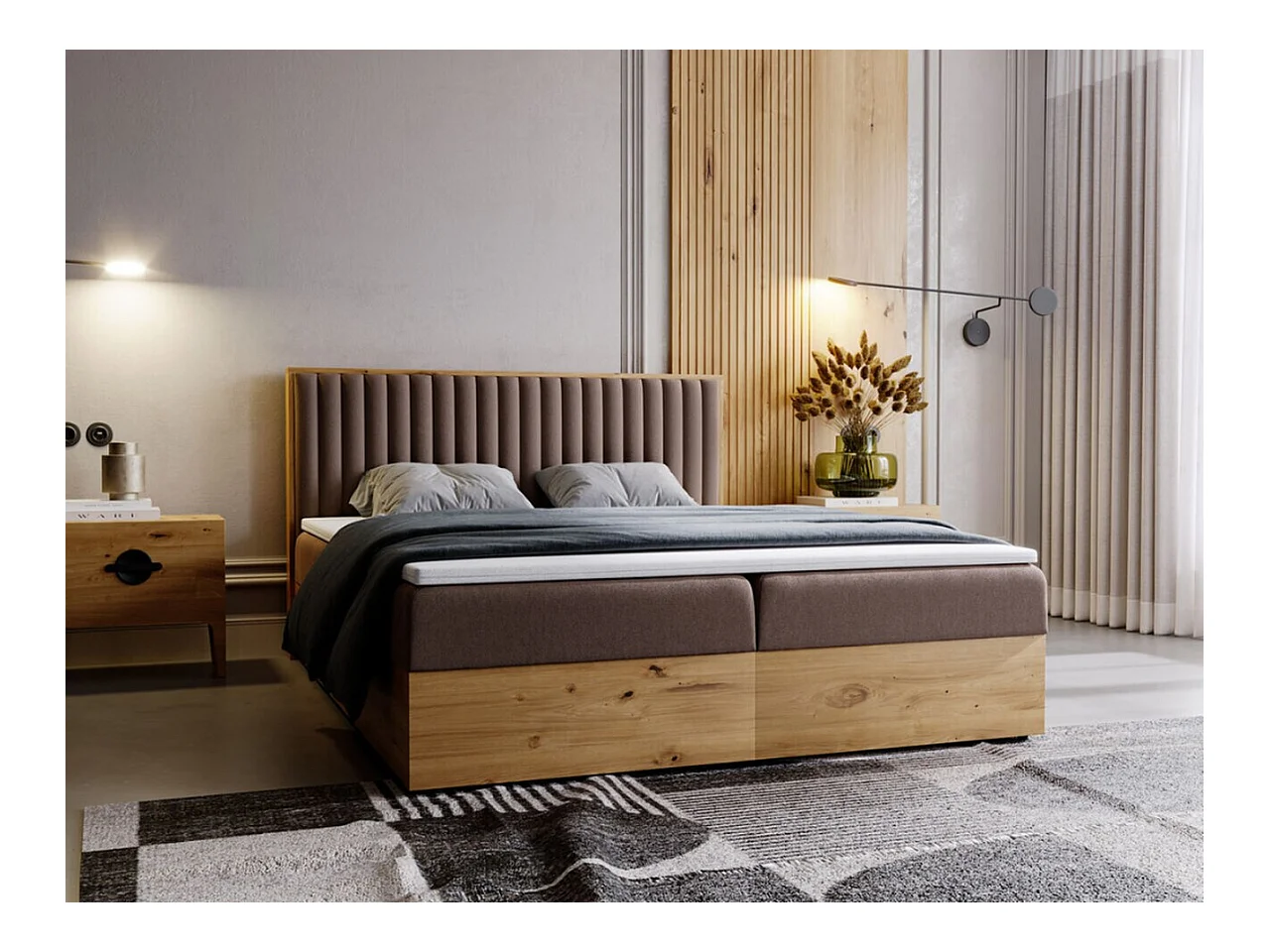 Lit continental Forest avec rangement - 180 x 200 - double - en bois avec tête de lit capitonnée - marron