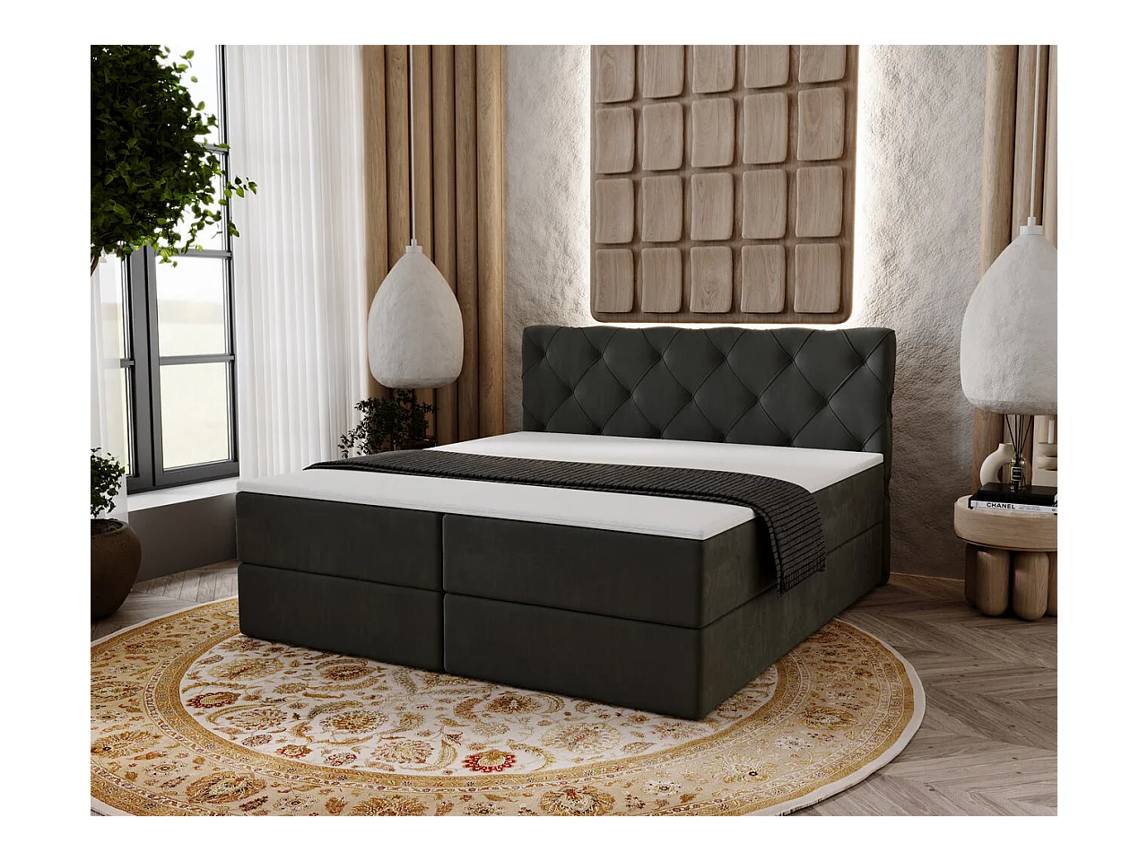 Boxspringbett mit Kopfteil - 180 x 200 - Samtstoff  - Grau - Matratze  - Topper  - NAPOLI