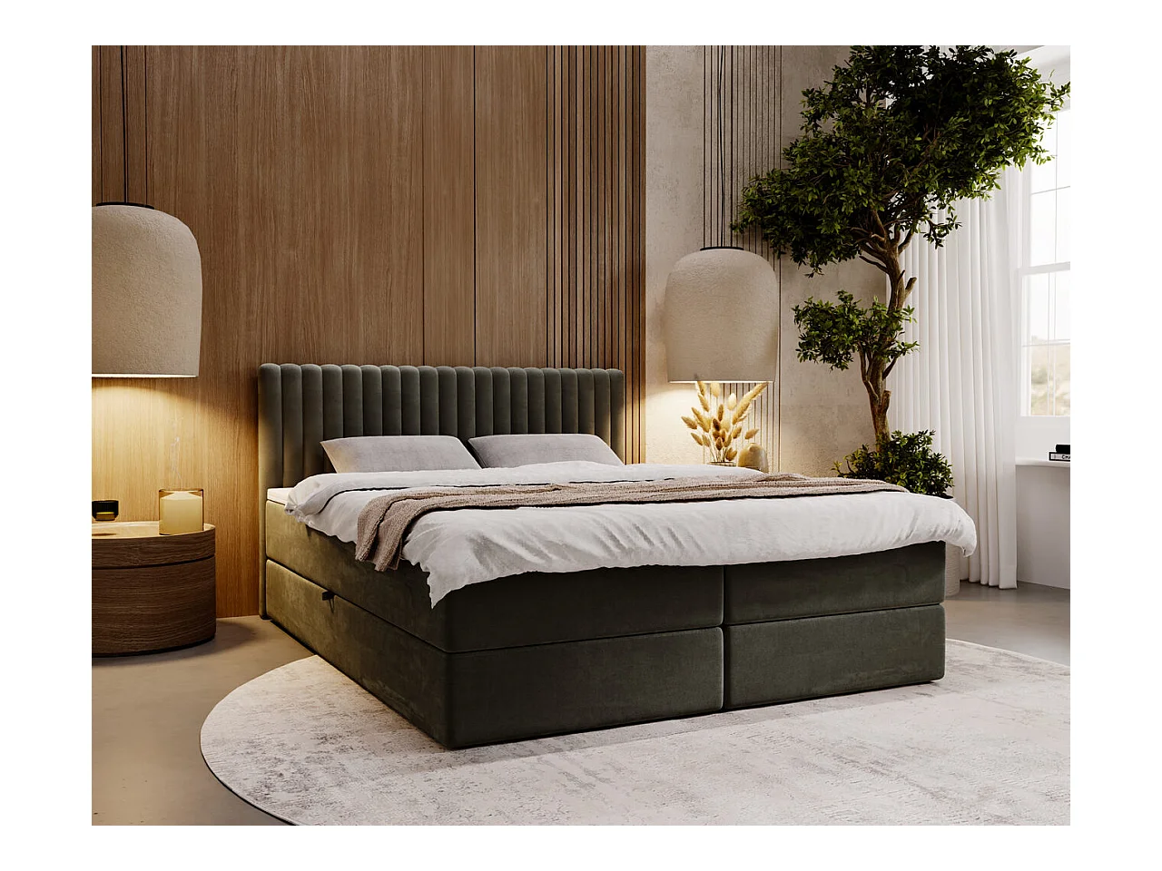 Lit continental Marbella avec rangement - 180 x 200 - double - velours - gris