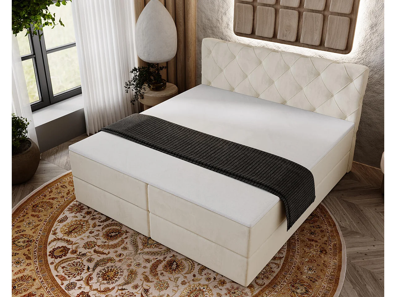 Boxspringbett mit Kopfteil - 180 x 200 - Samtstoff  - Beige - Matratze  - Topper  - NAPOLI