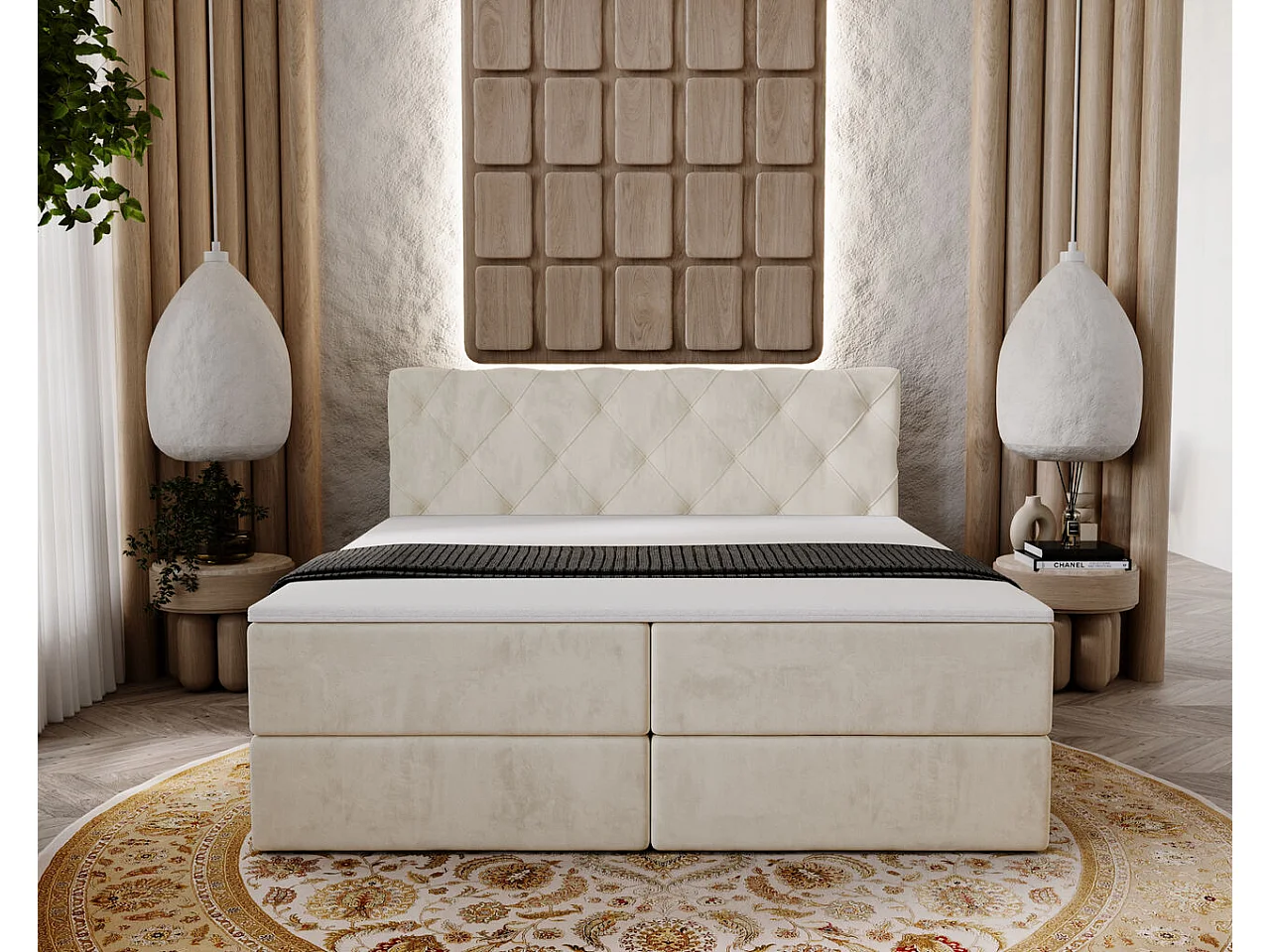 Boxspringbett mit Kopfteil - 180 x 200 - Samtstoff  - Beige - Matratze  - Topper  - NAPOLI