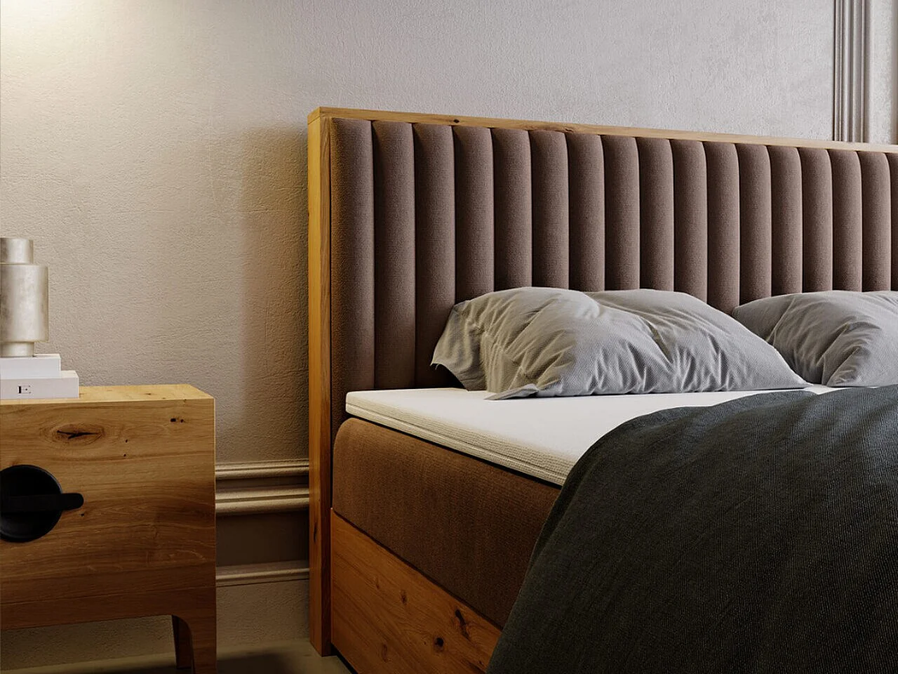 Lit continental Forest avec rangement - 160 x 200 - double - en bois avec tête de lit capitonnée - marron