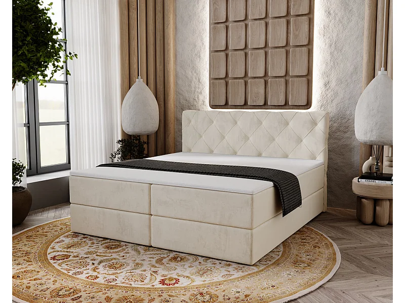 Boxspringbett mit Kopfteil - 160 x 200 - Samtstoff  - Beige - Matratze  - Topper  - NAPOLI