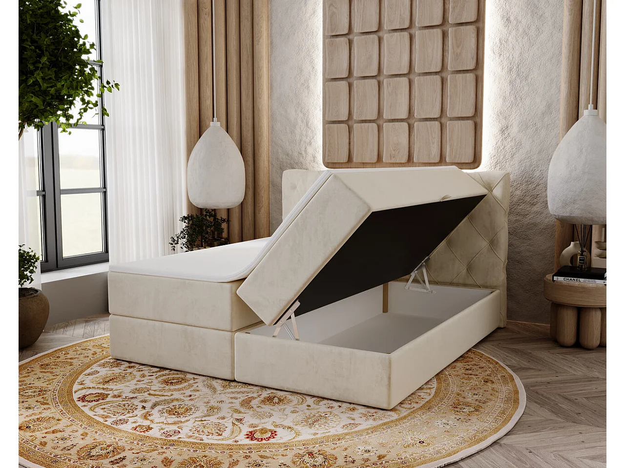 Boxspringbett mit Kopfteil - 160 x 200 - Samtstoff  - Beige - Matratze  - Topper  - NAPOLI