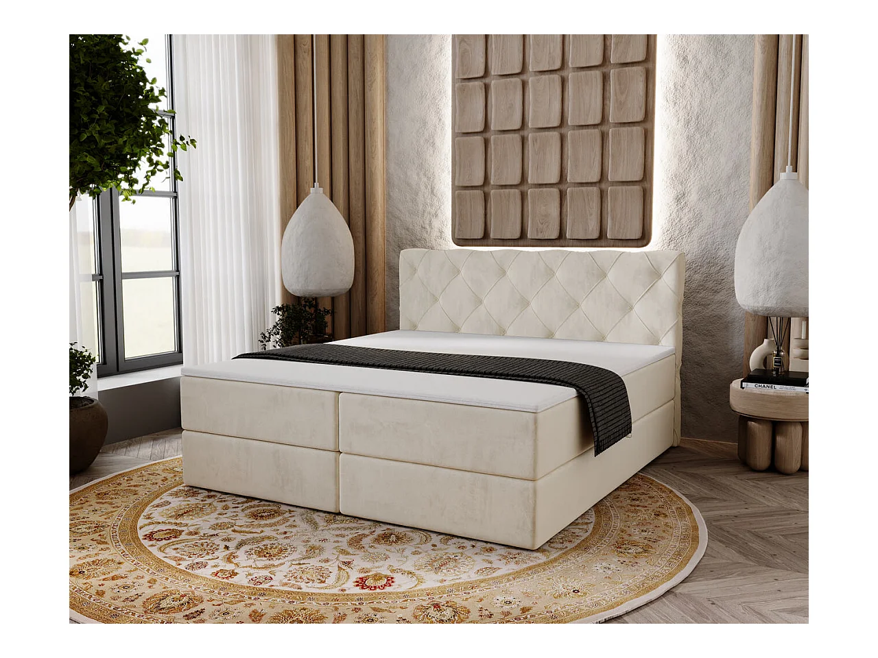 Boxspringbett mit Kopfteil - 160 x 200 - Samtstoff  - Beige - Matratze  - Topper  - NAPOLI