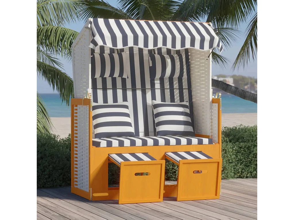 Strandkorb con Cuscini in Polyrattan Legno Massello Bianco Blu