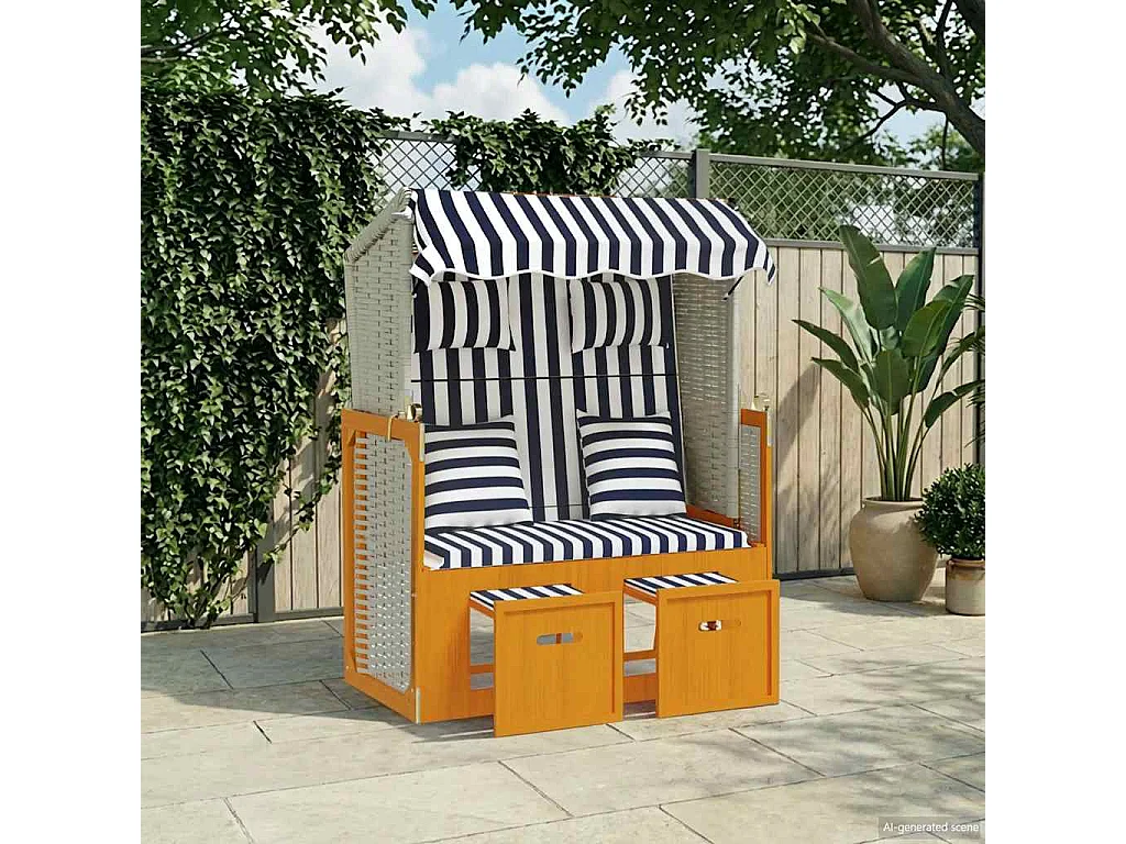 Fauteuil de plage avec coussins, Résine tressée, bois solide blanc bleu