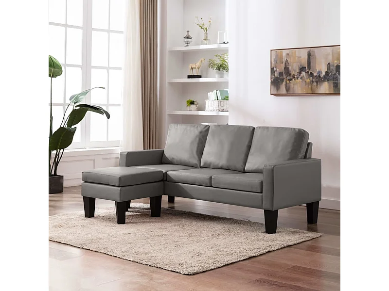 Sofá de 3 lugares com apoio de pés couro artificial cinzento