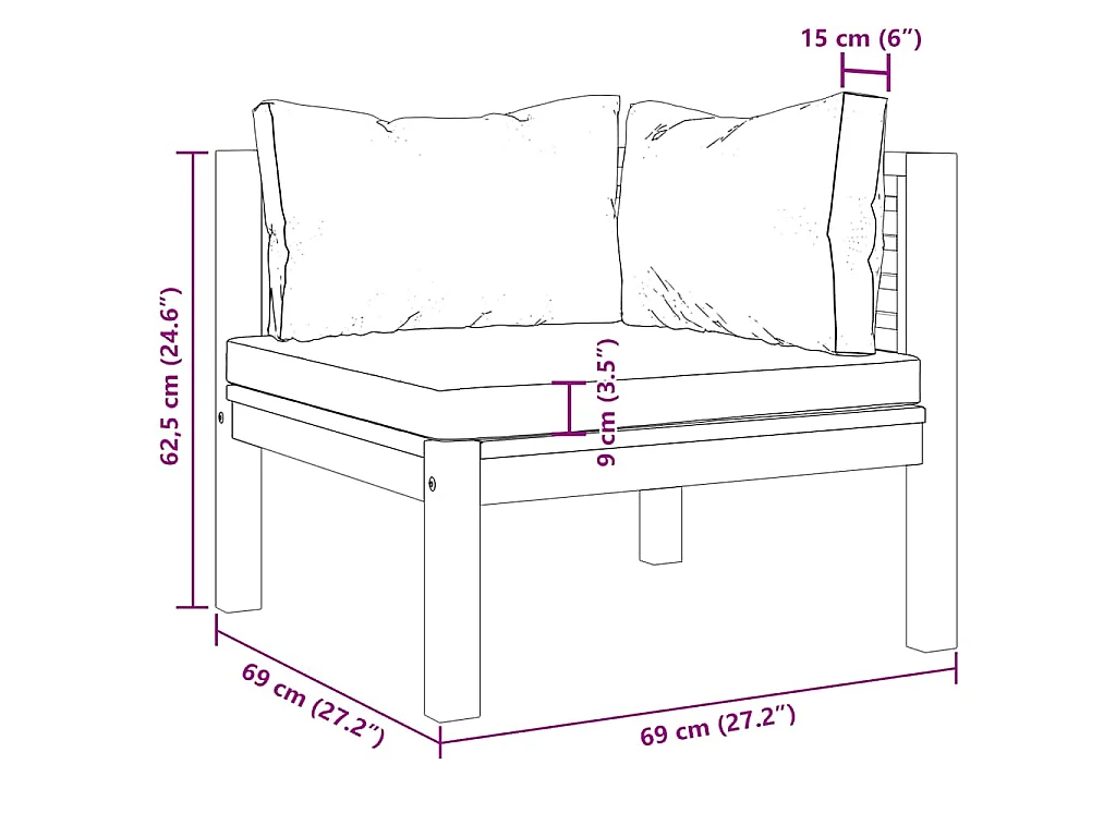 Hoekbank sectioneel met crèmewitte kussens acaciahout