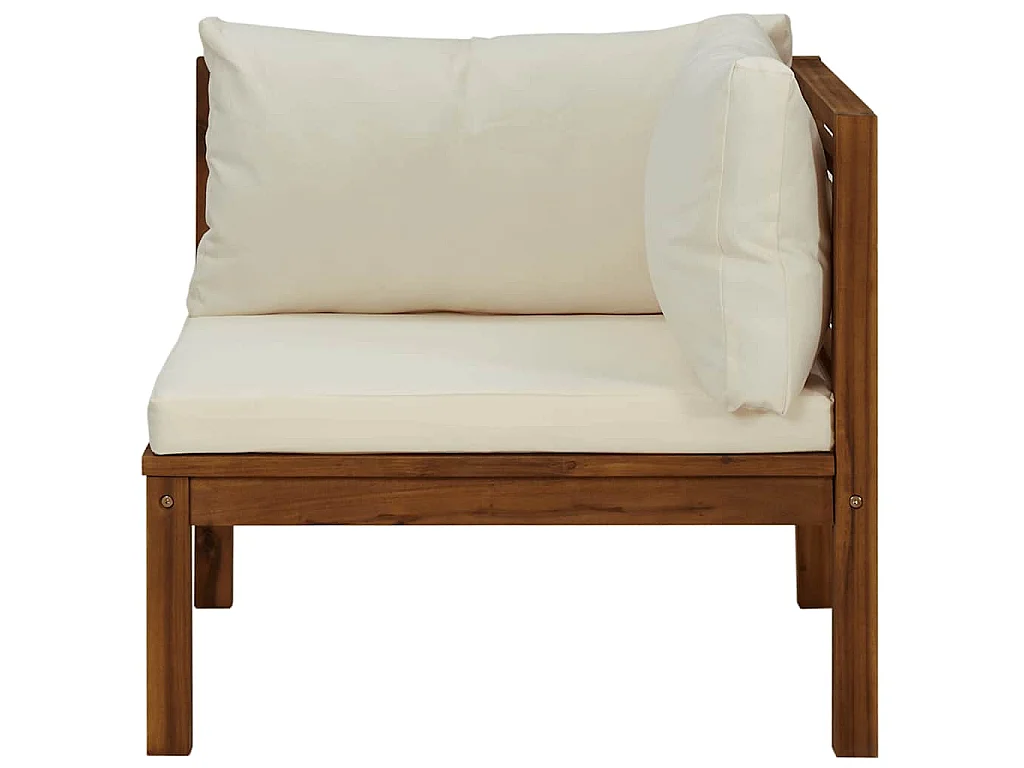 Hoekbank sectioneel met crèmewitte kussens acaciahout