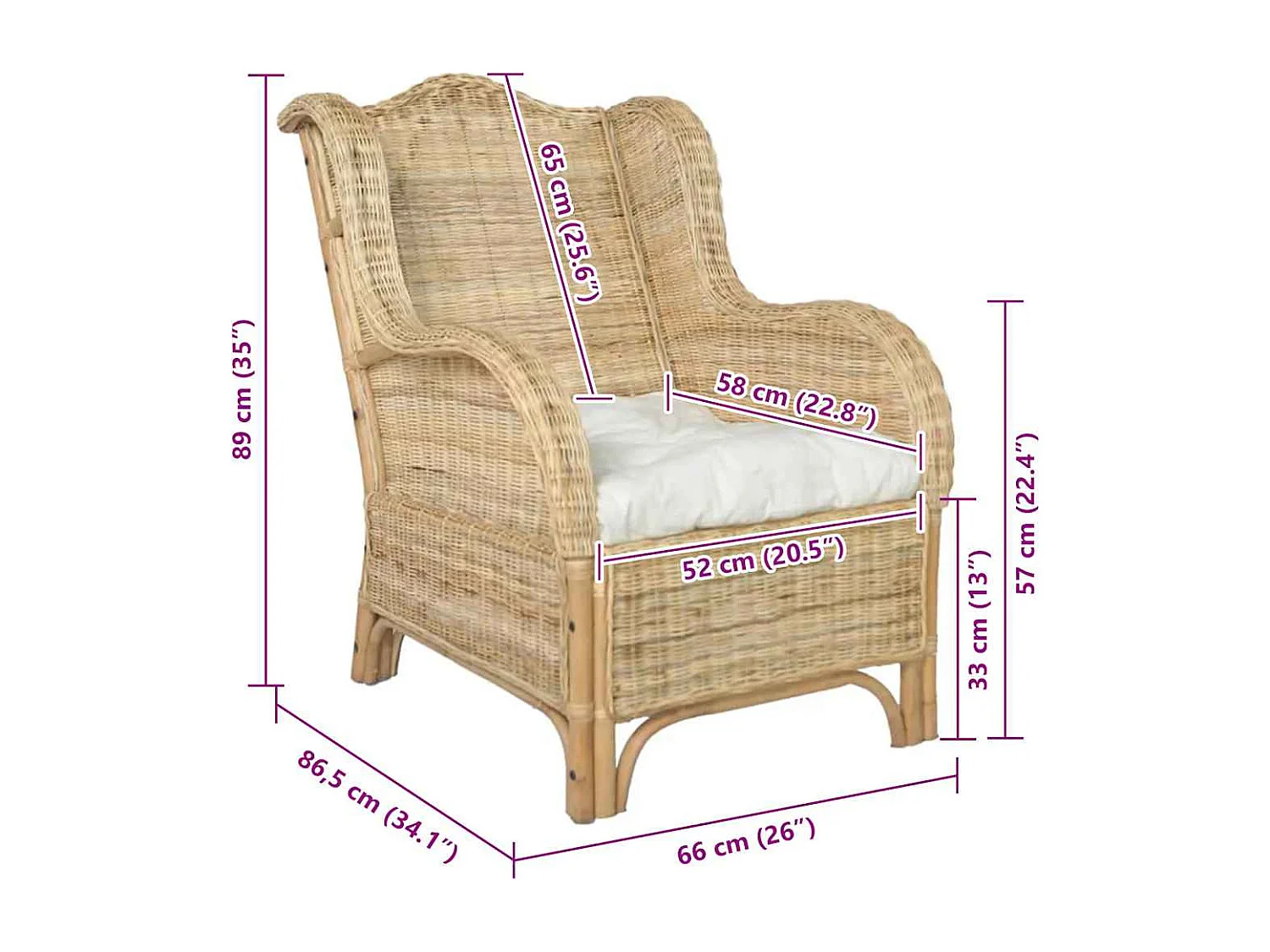 Sessel mit Kissen Natur-Rattan und Leinen