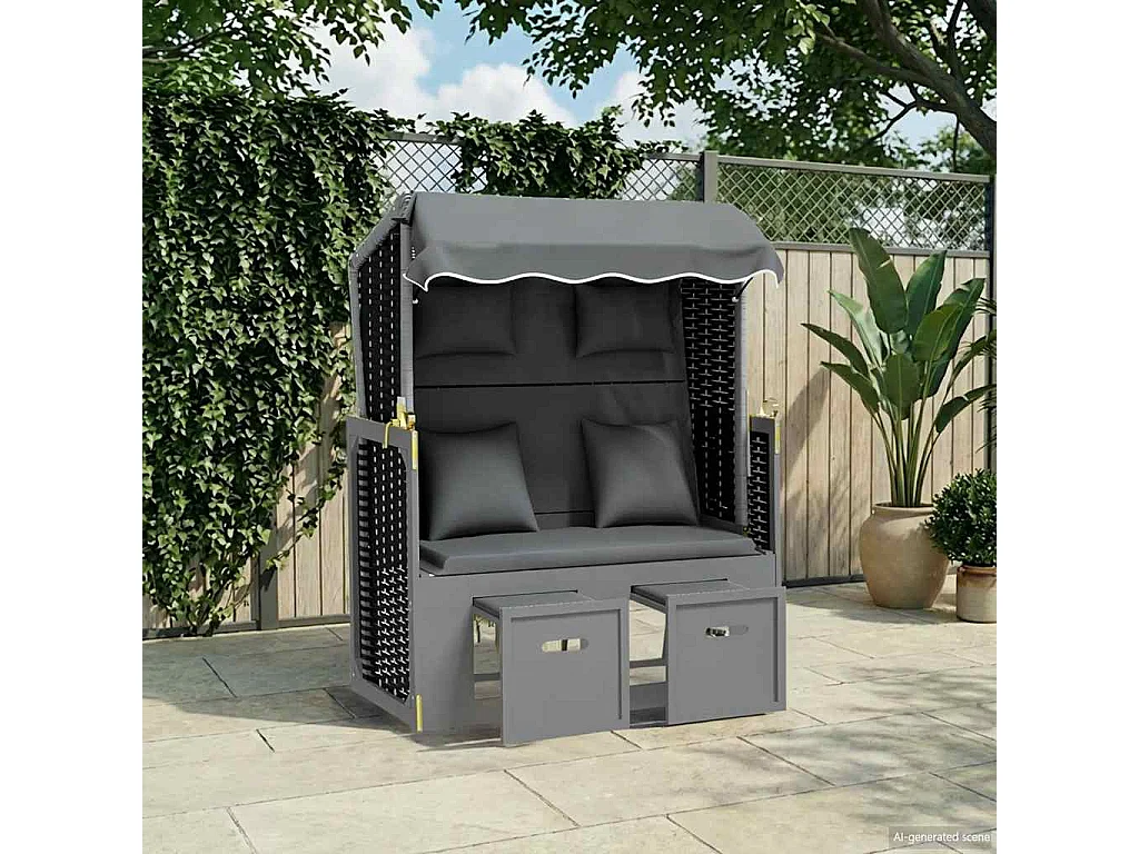 Strandstoel met kussen poly rattan en hout antraciet en zwart