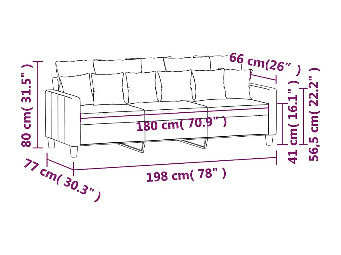 Canapé à 3 places Noir 180 cm Tissu
