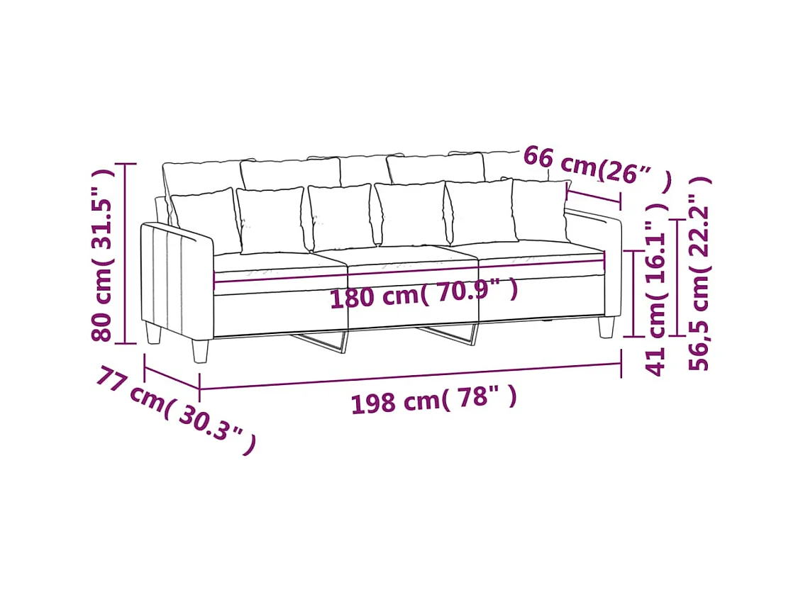 Divano a 3 Posti Nero 180 cm in Tessuto