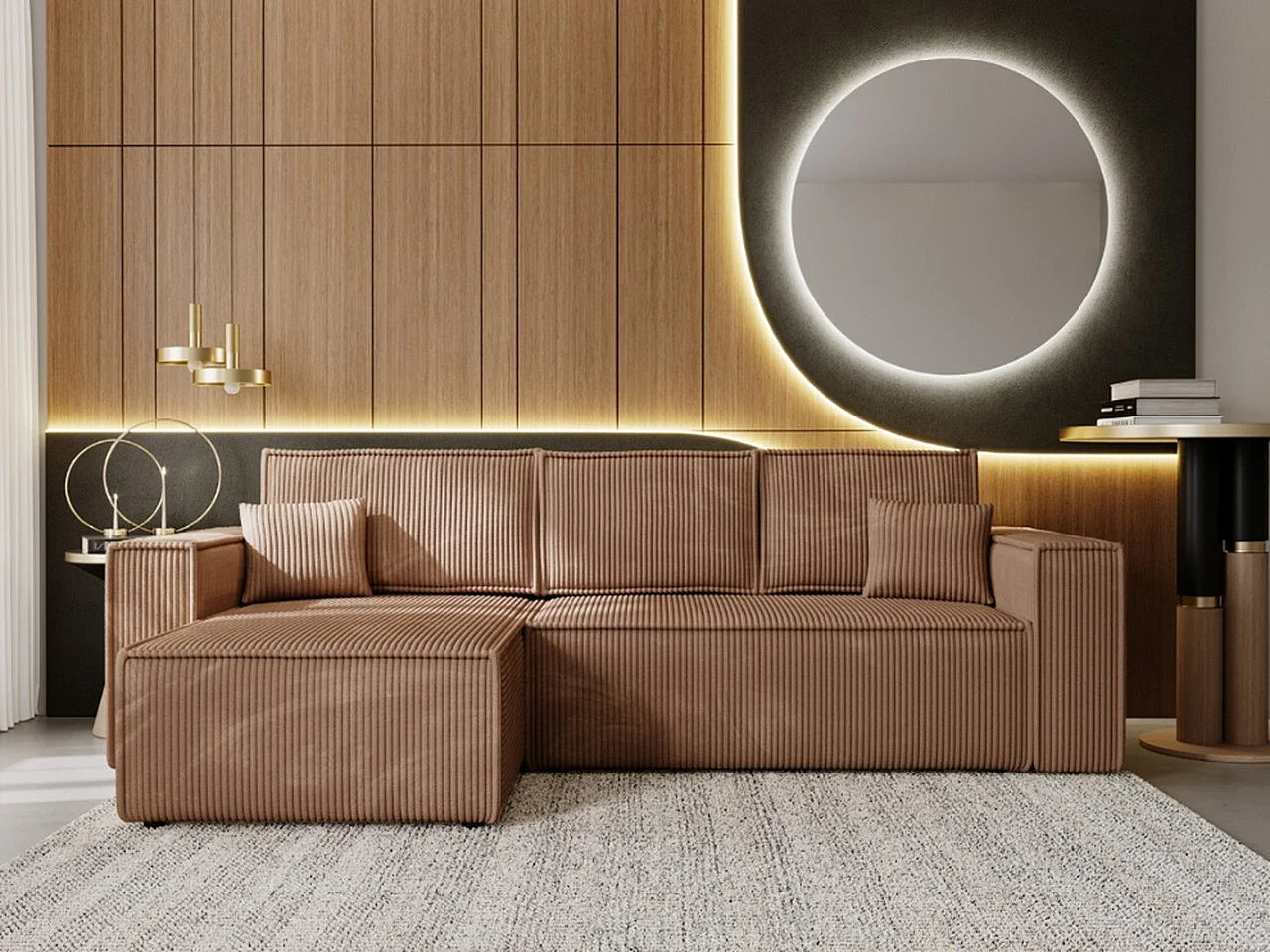 Ecksofa mit Schlaffunktion - Cord - Braun - PRATO XL