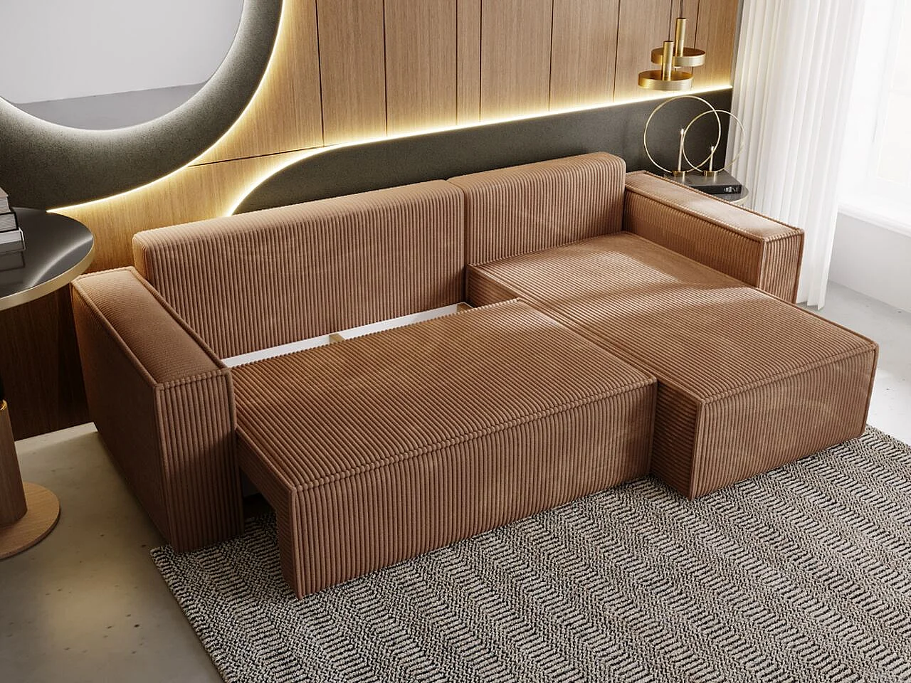 Ecksofa mit Schlaffunktion - Cord - Braun - PRATO XL