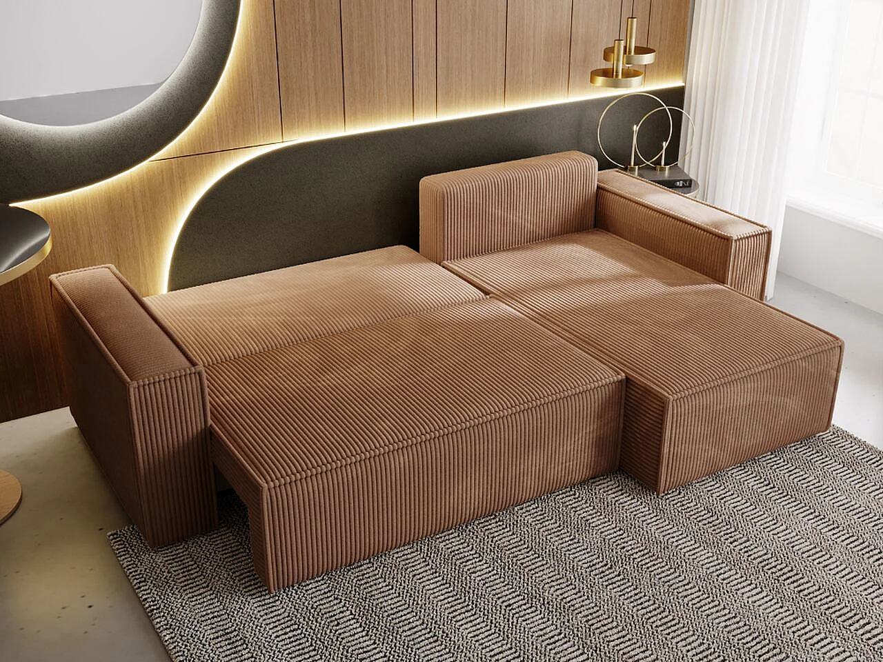 Ecksofa mit Schlaffunktion - Cord - Braun - PRATO XL