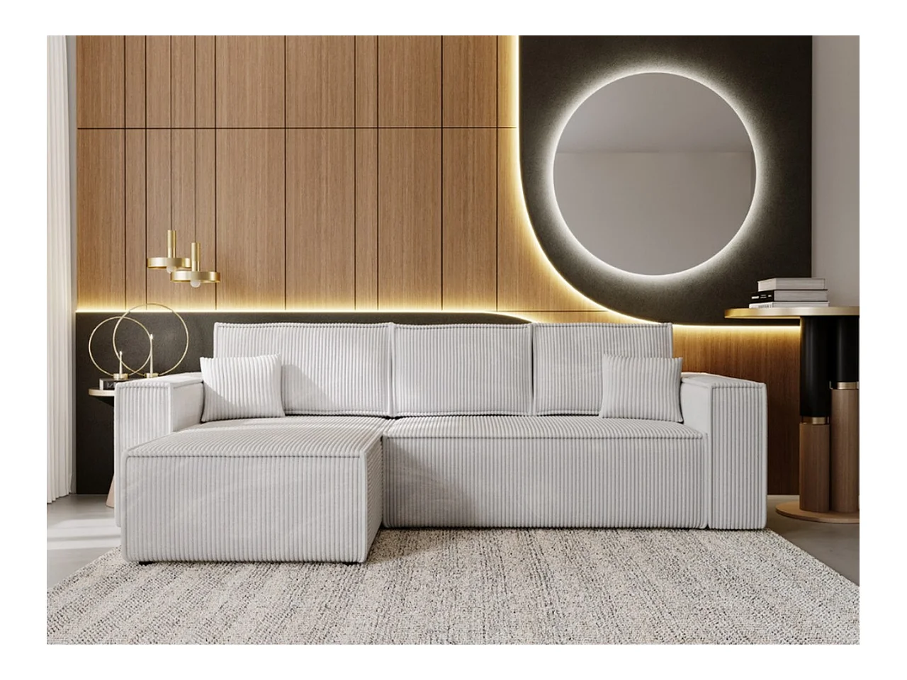Ecksofa mit Schlaffunktion - Cord - Ecke Links - Hellgrau - PRATO