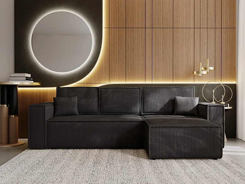 Ecksofa mit Schlaffunktion - Cord - Schwarz - PRATO XL