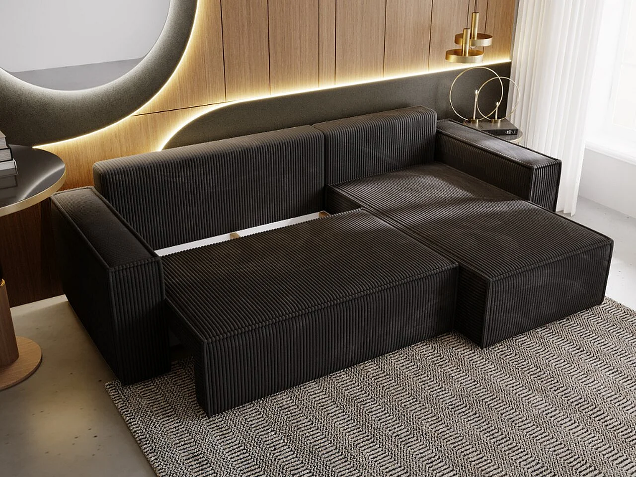 Ecksofa mit Schlaffunktion - Cord - Schwarz - PRATO XL