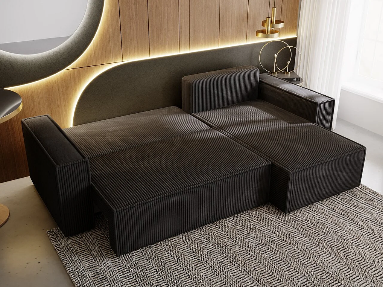 Ecksofa mit Schlaffunktion - Cord - Schwarz - PRATO XL