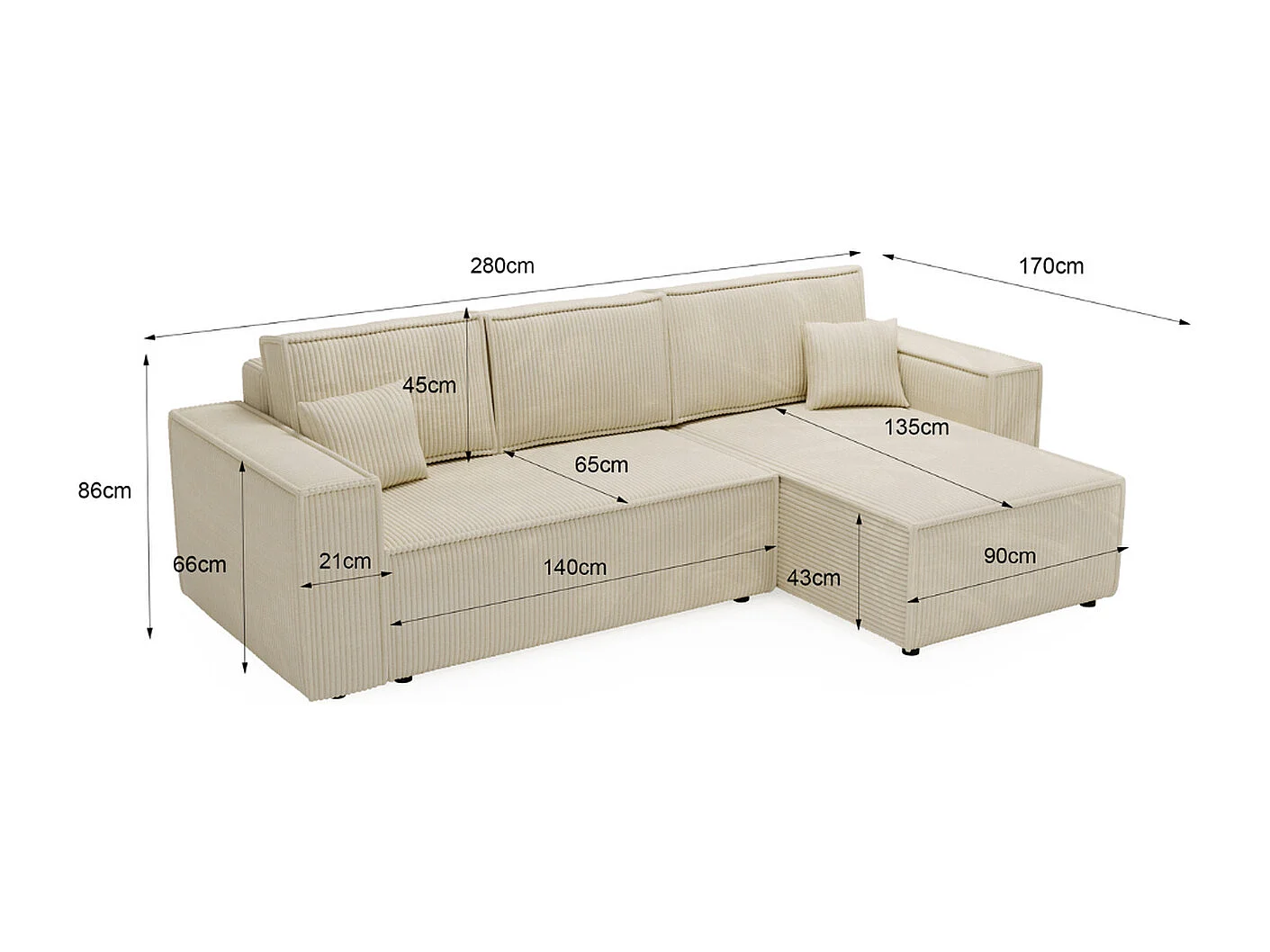 Ecksofa mit Schlaffunktion - Cord - Schwarz - PRATO XL