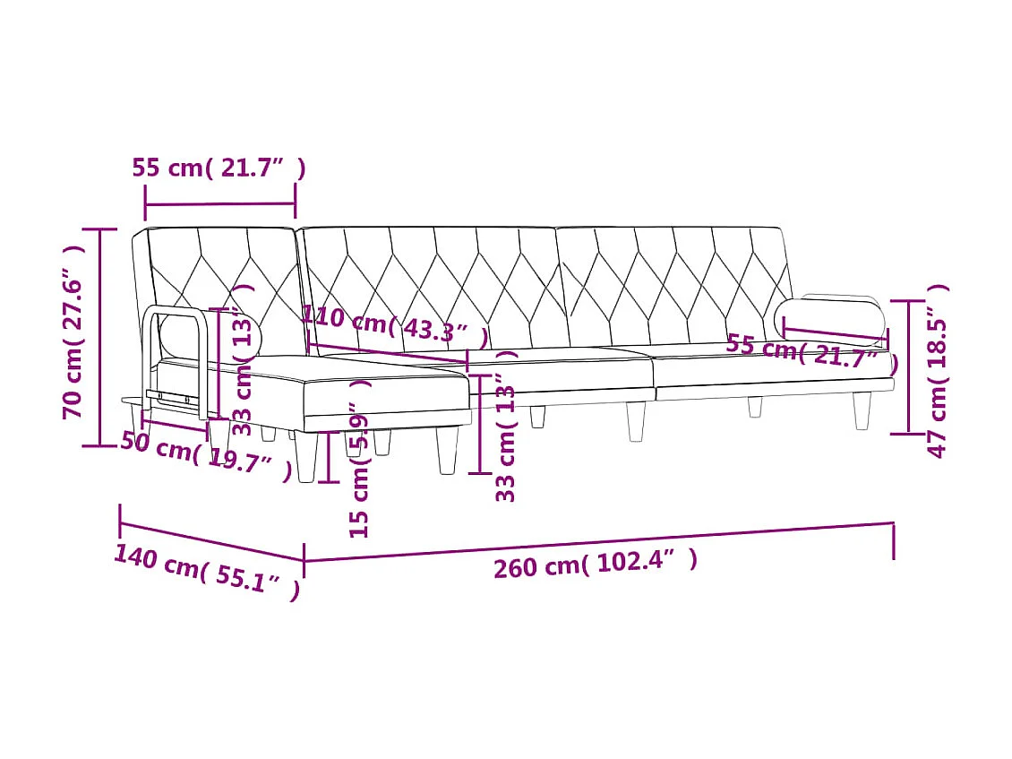 Sofá-cama em forma de L 260x140x70 cm tecido cinzento-claro