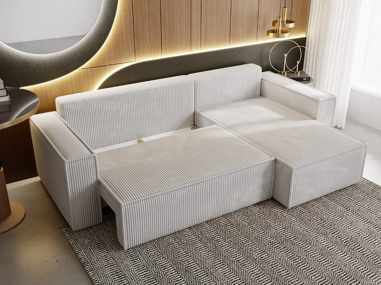 Ecksofa mit Schlaffunktion - Cord - Hellgrau - PRATO XL