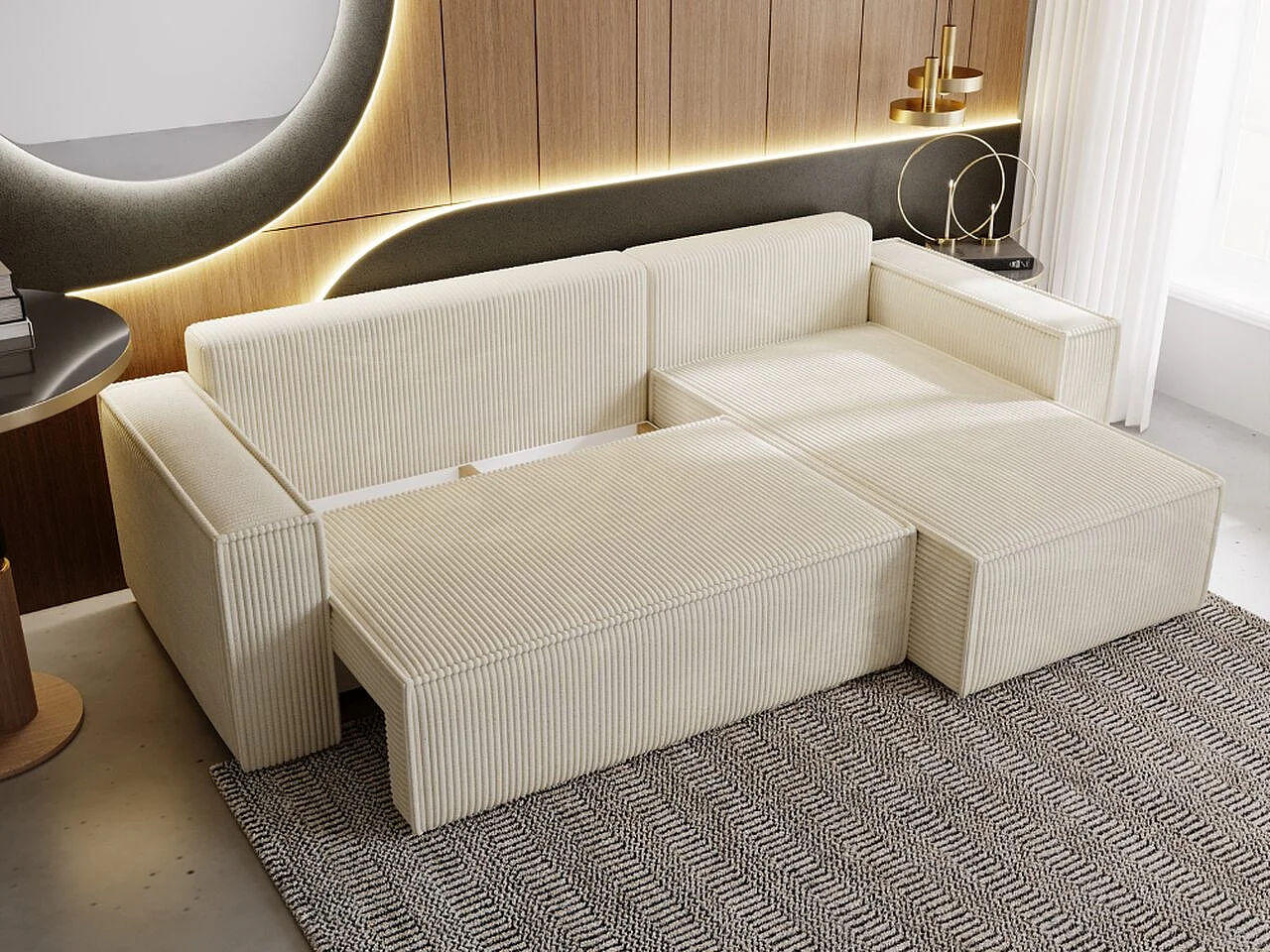 Ecksofa mit Schlaffunktion - Cord - Beige - PRATO XL