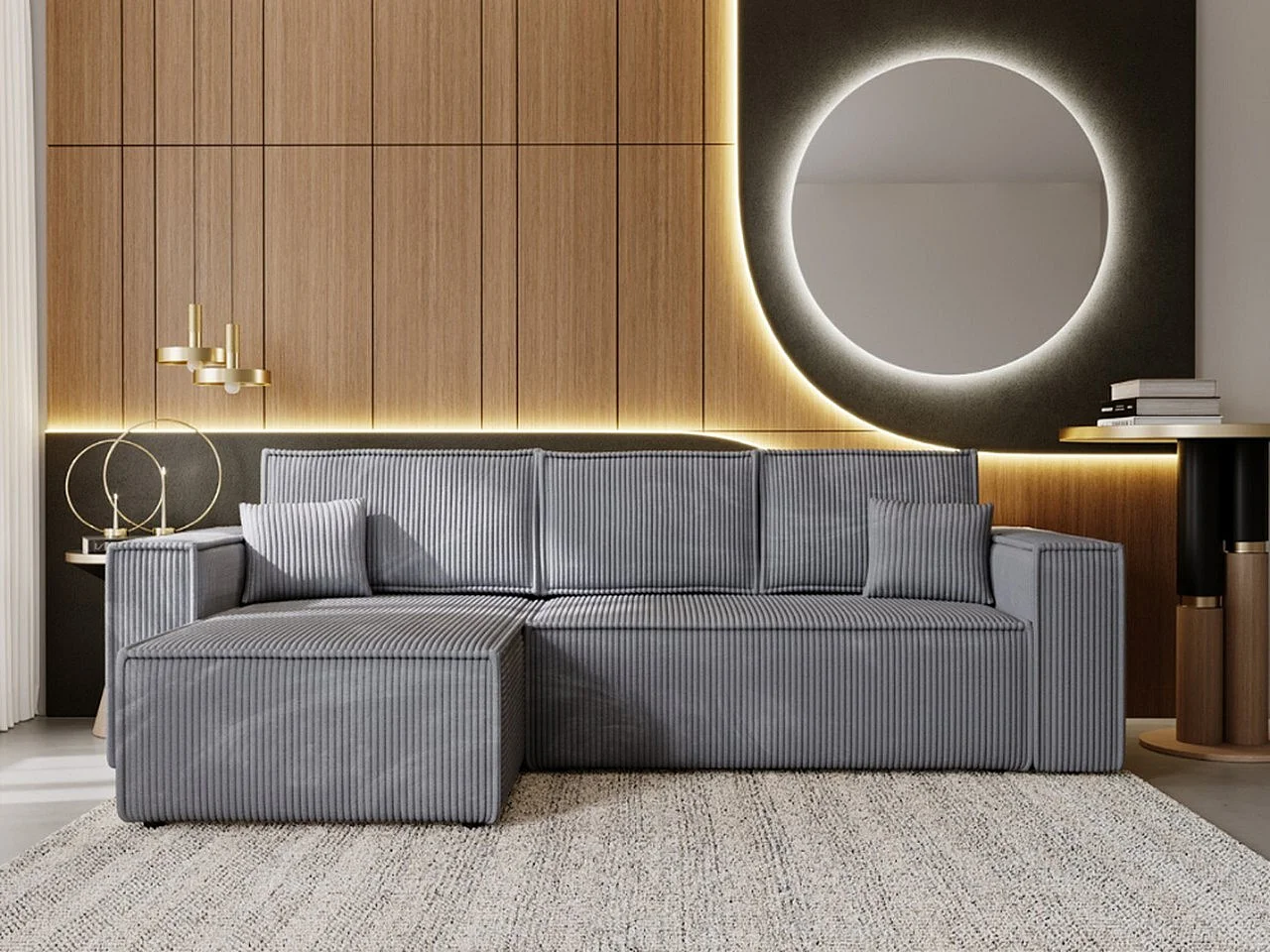 Ecksofa mit Schlaffunktion - Cord - Grau - PRATO XL