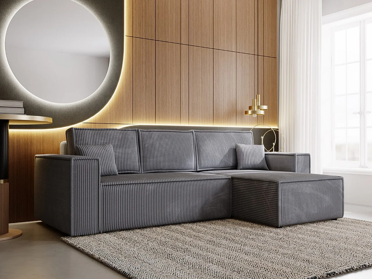Ecksofa mit Schlaffunktion - Cord - Grau - PRATO XL
