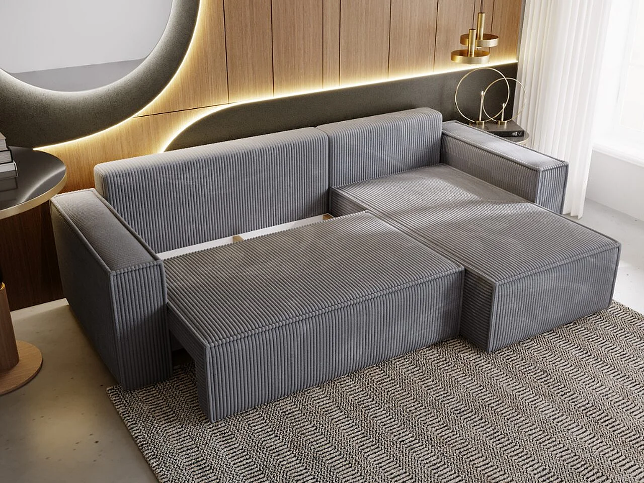 Ecksofa mit Schlaffunktion - Cord - Grau - PRATO XL