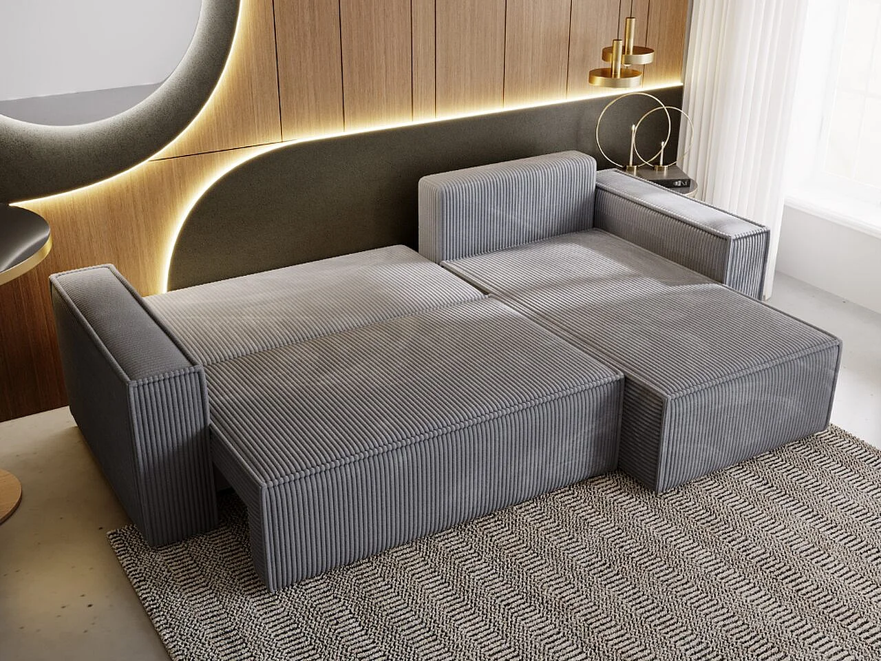 Ecksofa mit Schlaffunktion - Cord - Grau - PRATO XL