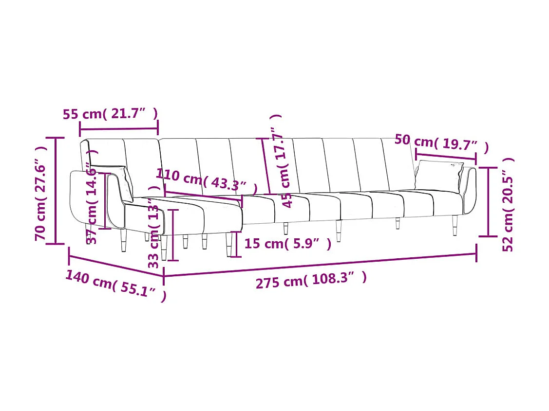 Slaapbank L-vormig 275x140x70 cm fluweel zwart