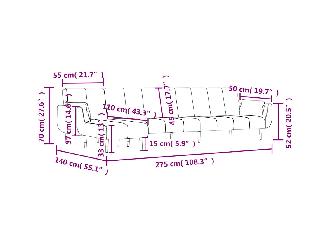 Canapé-lit en forme de L vert foncé 275x140x70 cm velours