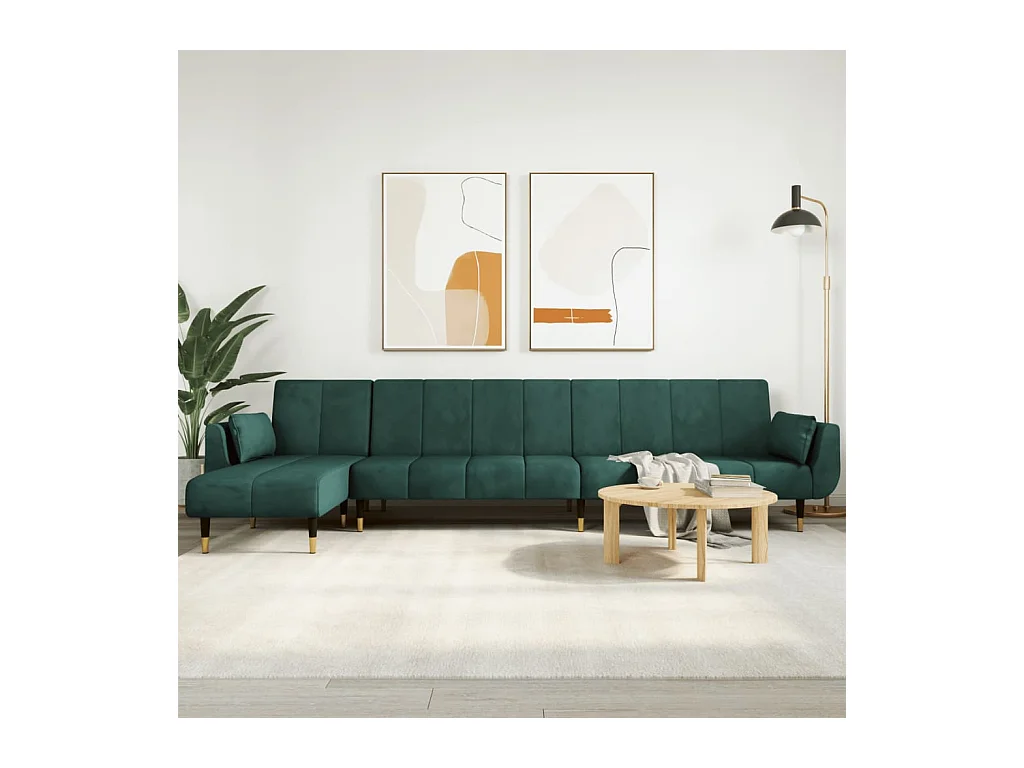 Sofá-cama em forma de L 275x140x70 cm veludo verde-escuro