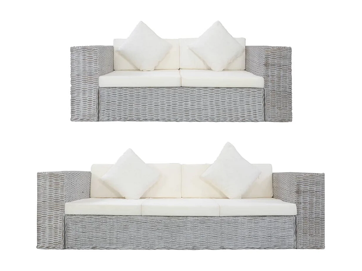 2 pcs conjunto de sofás com almofadões vime natural cinzento