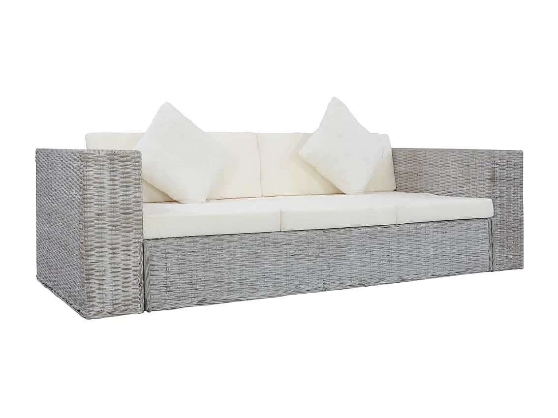 2 pcs conjunto de sofás com almofadões vime natural cinzento