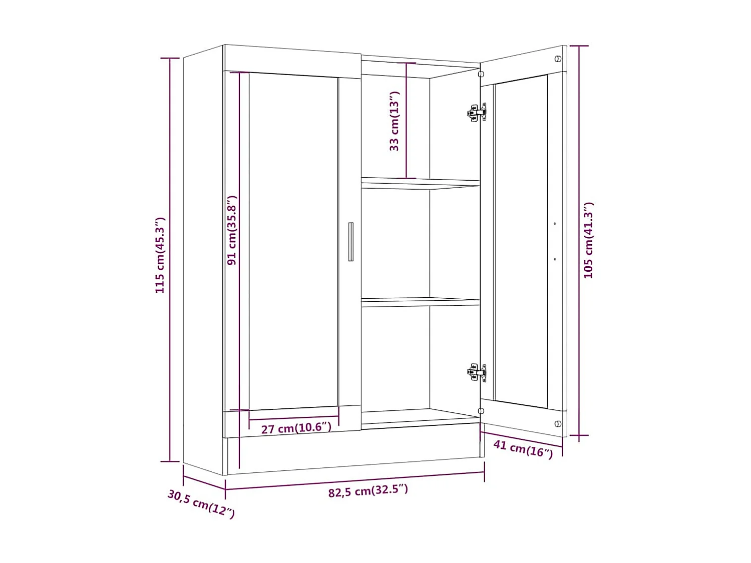 Vitrinenschrank Braun Eiche-Optik 82,5x30,5x115cm Holzwerkstoff