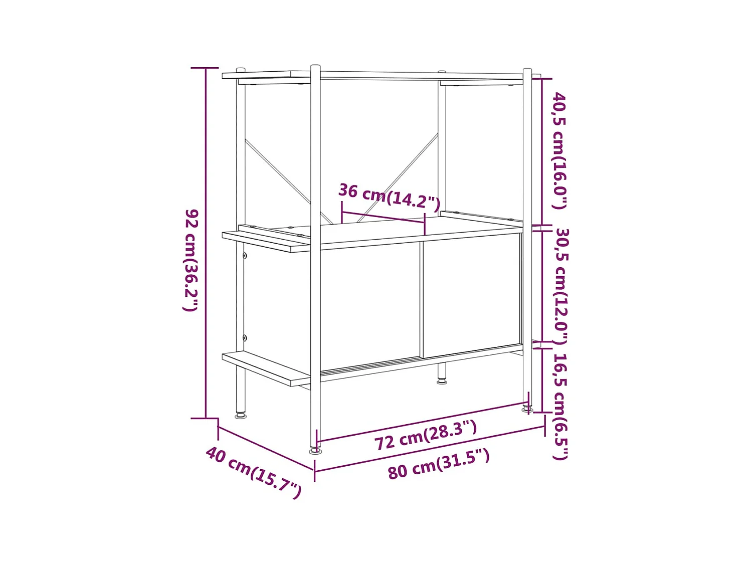 Étagère à 3 niveaux armoire 80x40x92 cm Acier bois d'ingénierie