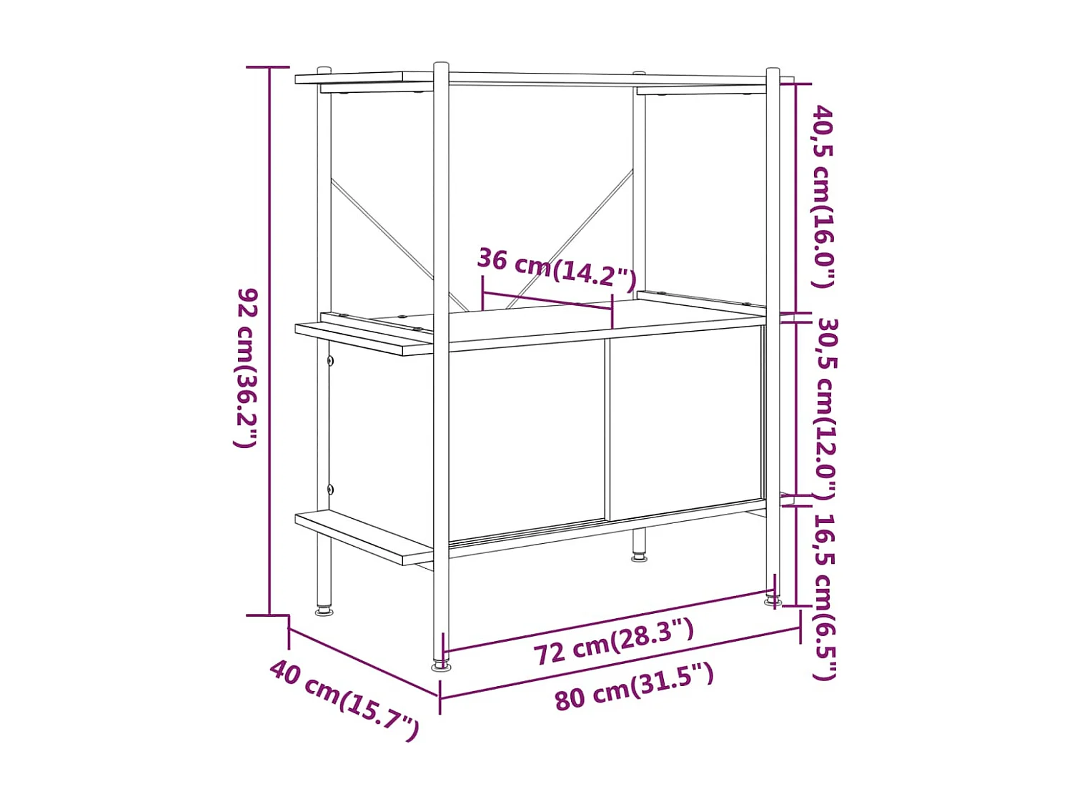 Étagère à 3 niveaux armoire 80x40x92 cm Acier bois d'ingénierie
