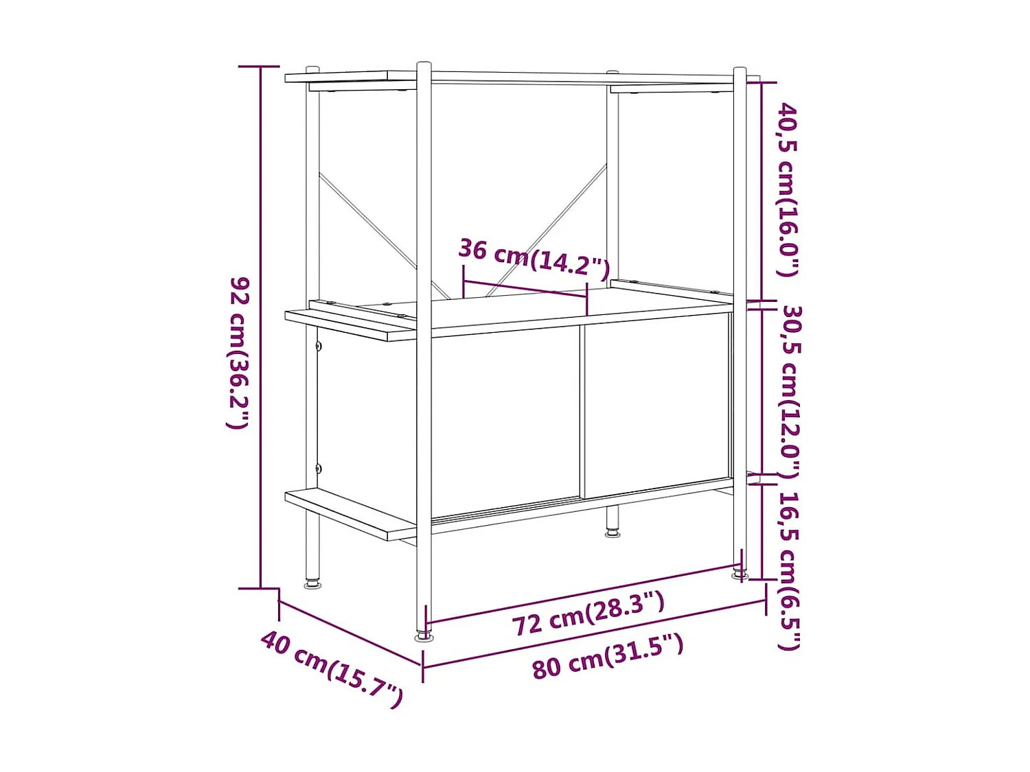 Scaffalatura 3 Livelli con Mobiletto 80x40x92cm Acciaio e Legno