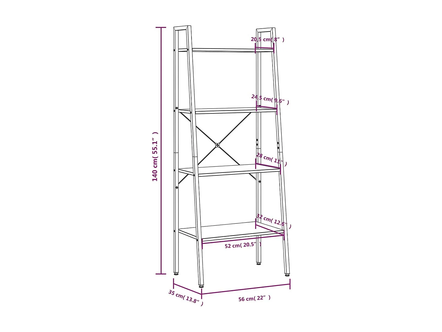 Standregal 4 Böden Hellbraun und Schwarz 56x35x140 cm