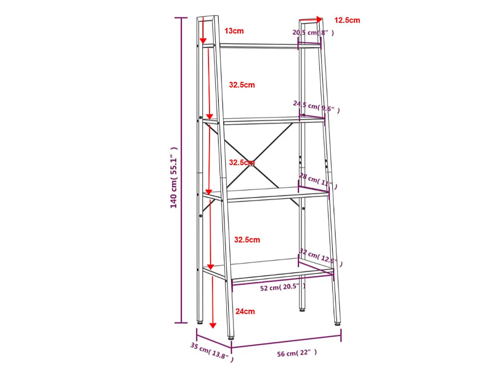 Ladderrek met 4 schappen 56x35x140 cm lichtbruin en zwart