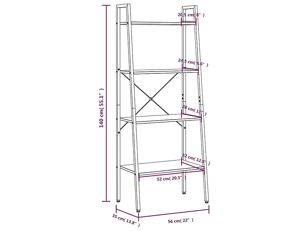 Ladderrek met 4 schappen 56x35x140 cm lichtbruin en zwart