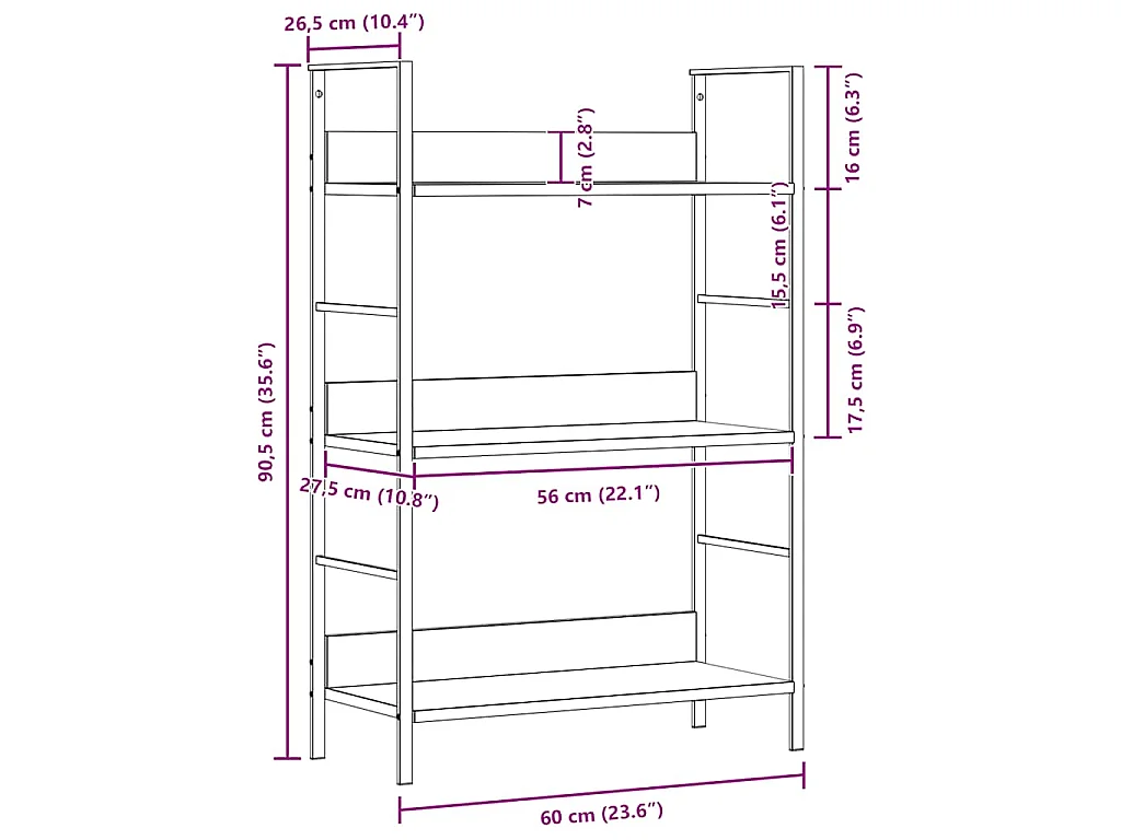 Bibliothèque à 3 niveaux chêne 60x27,6x90,5cm bois d'ingénierie