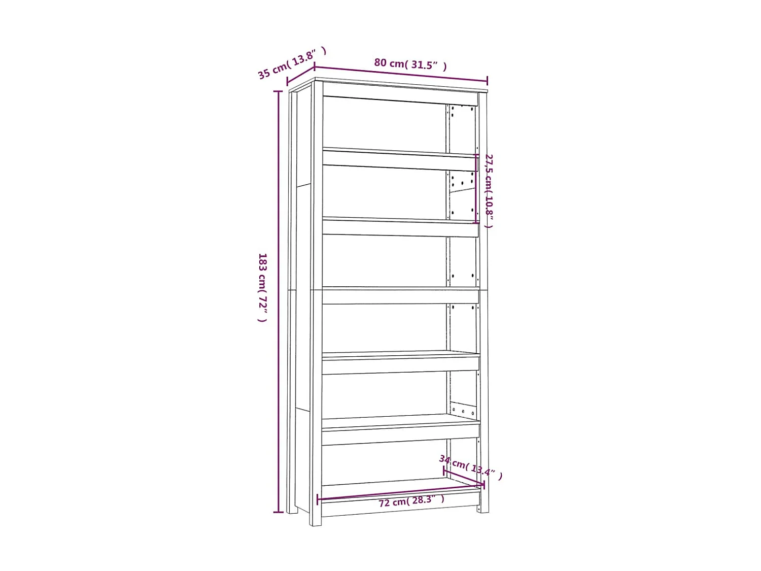 Libreria Bianca 80x35x183 cm in Legno Massello di Pino