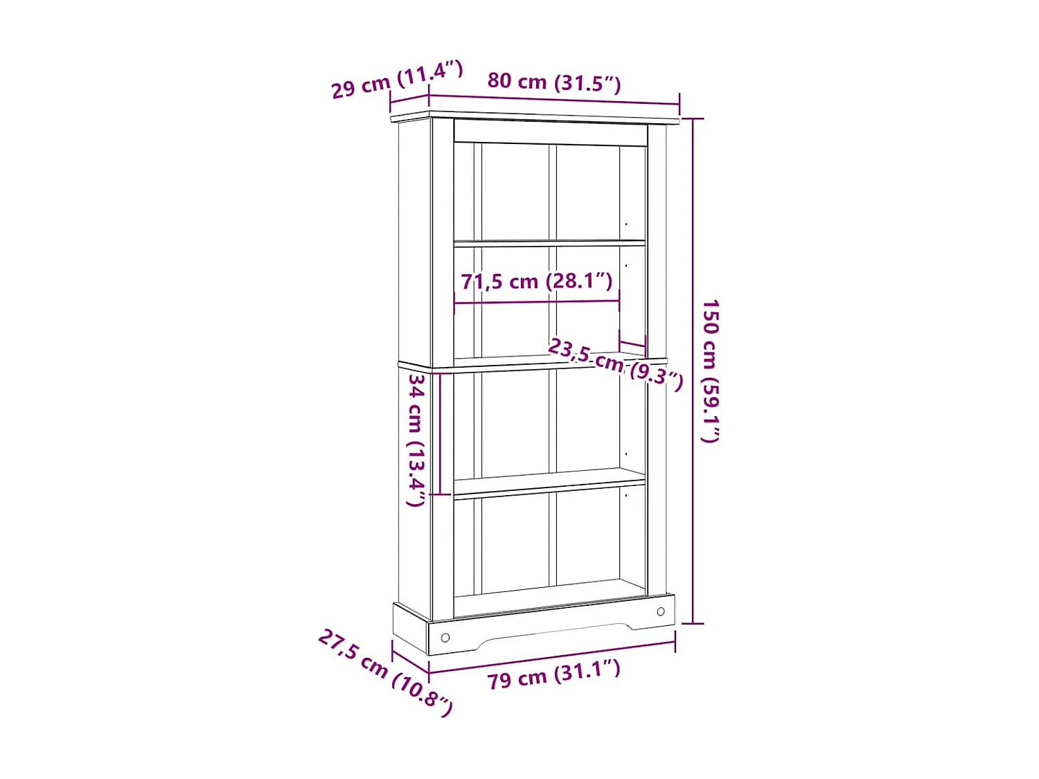 Bibliothèque 4 niveaux Gamme Corona Pin mexicain 80x29x150 cm